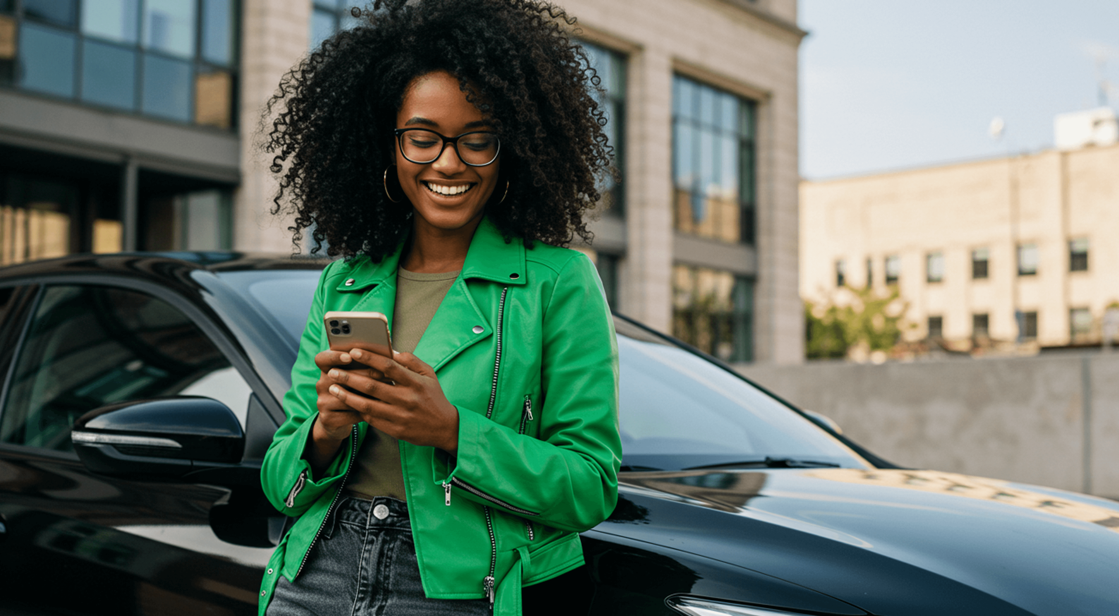 Smiling woman using phone